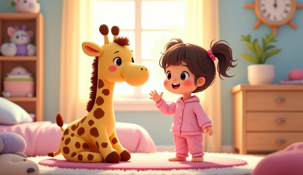 A small cartoon girl in pink pajamas is standing and talking to a plush giraffe in her room.