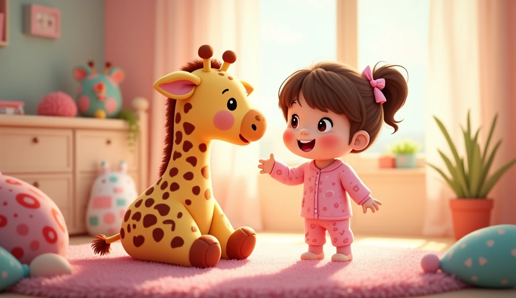A small cartoon girl in pink pajamas is standing and talking to a plush giraffe in her room.