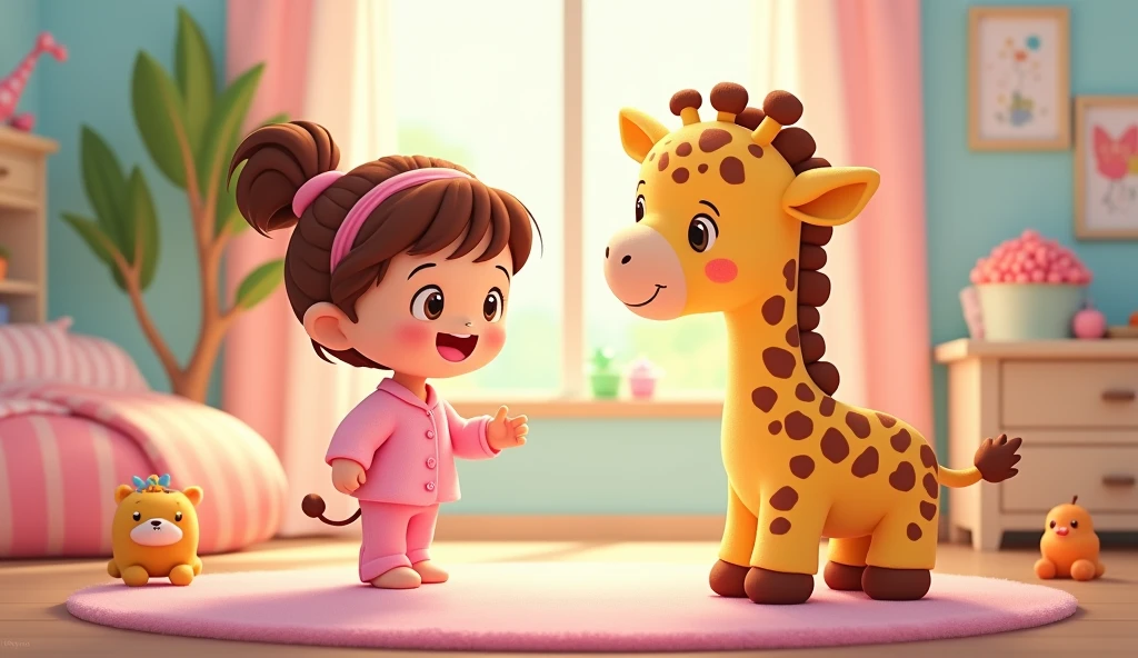 A small cartoon girl in pink pajamas is standing and talking to a plush giraffe in her room.