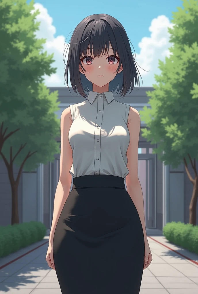 masterpiece,Highest quality,(Ultra-high definition CG Unity 8K wallpaper),(Highest quality),Physical Rendering,A female teacher standing in front of the main gate of a Japanese high school,Sleeveless shirt and black pencil skirt,