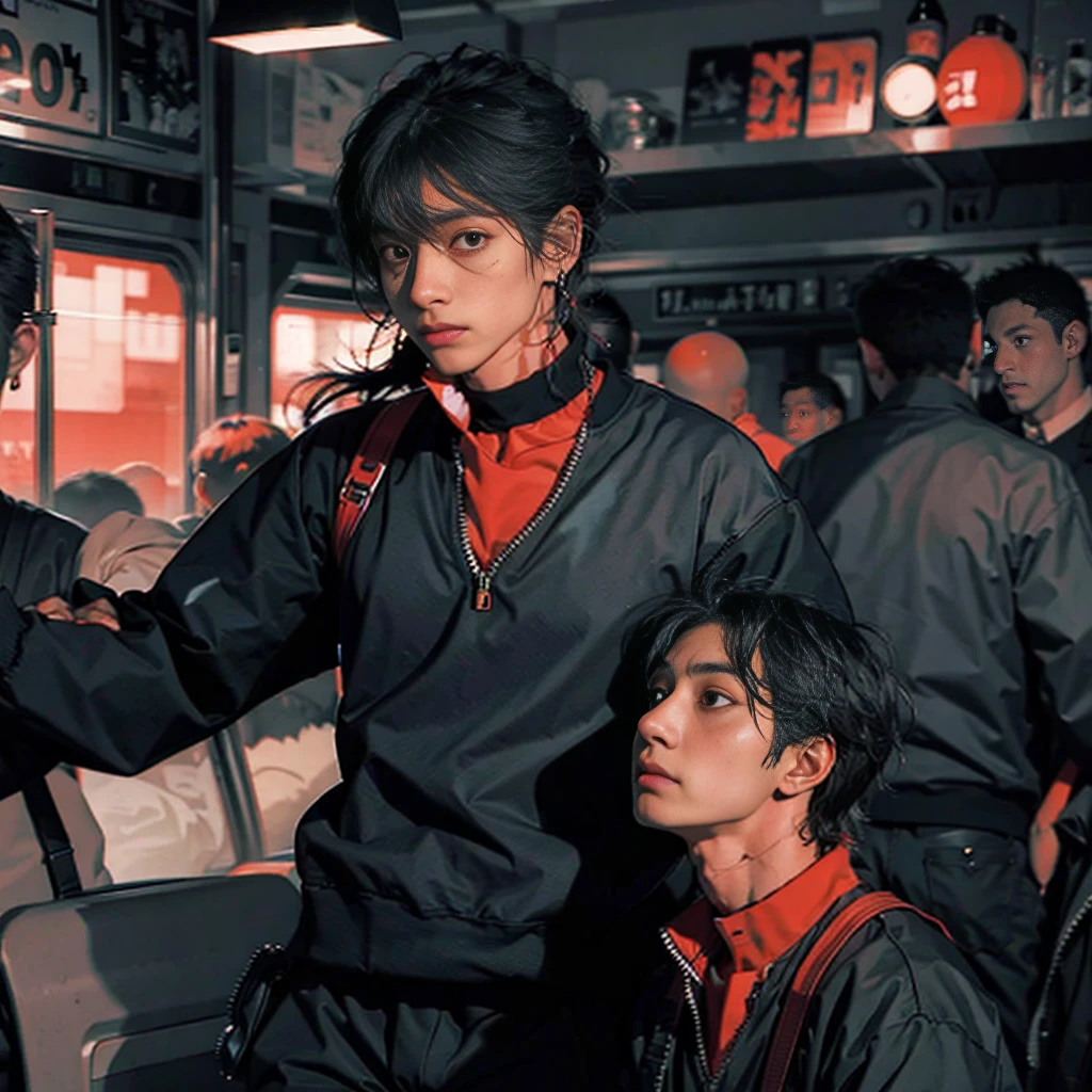 1boy Handsome men , on the train ,RED AND BLACK