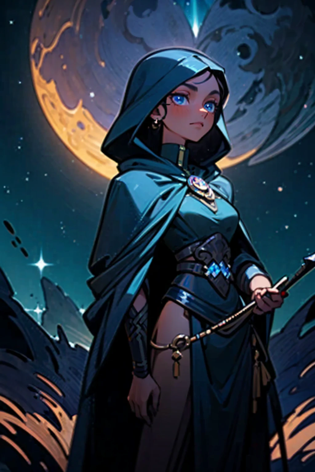 "A mysterious woman with bronzed skin and long, sleek ebony hair stands in a desert under a starry sky. Her deep blue eyes radiate calm and mystery. She wears a dark blue cloak with silver accents, shimmering under the moonlight. She holds a staff adorned with crystals reflecting the starlight. The background features golden dunes and a large full moon on the horizon. The atmosphere is serene and mystical, rendered in high-detail fantasy digital art with glowing effects and a night-time palette.