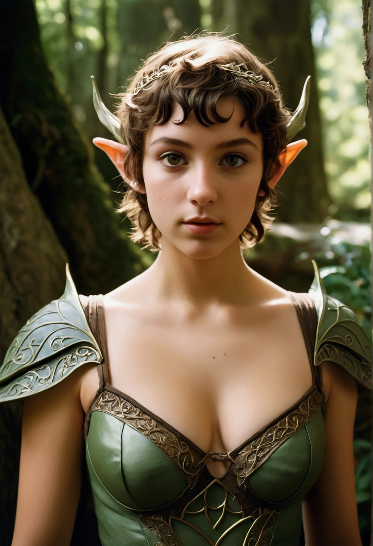 analog film photo, photo of a young elven girl, 18 years old, elf ears, hazel eyes, curly brunette pixie cut, sun-tanned complexion, olive skintone, Amazonian stature, voluptuous hourglass figure, busty bosom, narrow waist, full hips, big plump buttocks, wearing elven undergarments, strolling through a sunny fantasy landscape, RAW Photograph, dslr, soft lighting, high quality, film grain, Fujifilm XT3, detailed skin with visible pores, insane details, masterpiece, 8k, 35mm photograph, dslr, kodachrome, faded film, desaturated, grainy, vintage, Lomography, stained, highly detailed, found footage, close-up shot, elven ears