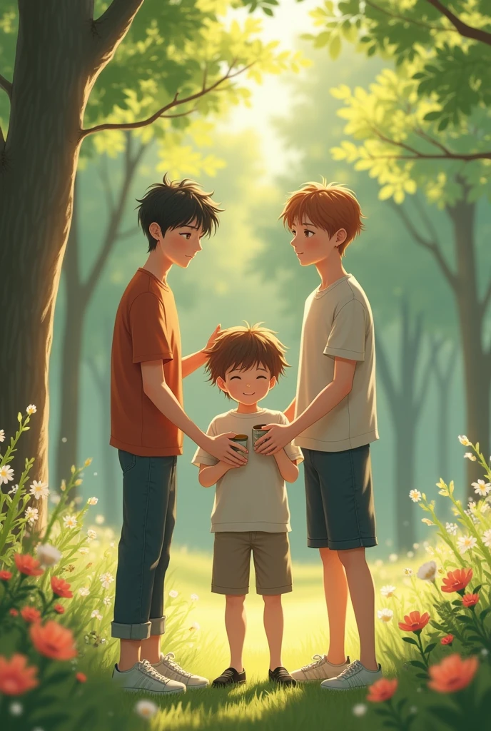 Namjoon and Seokjin holding Jungkook's hand while he drinks in a park