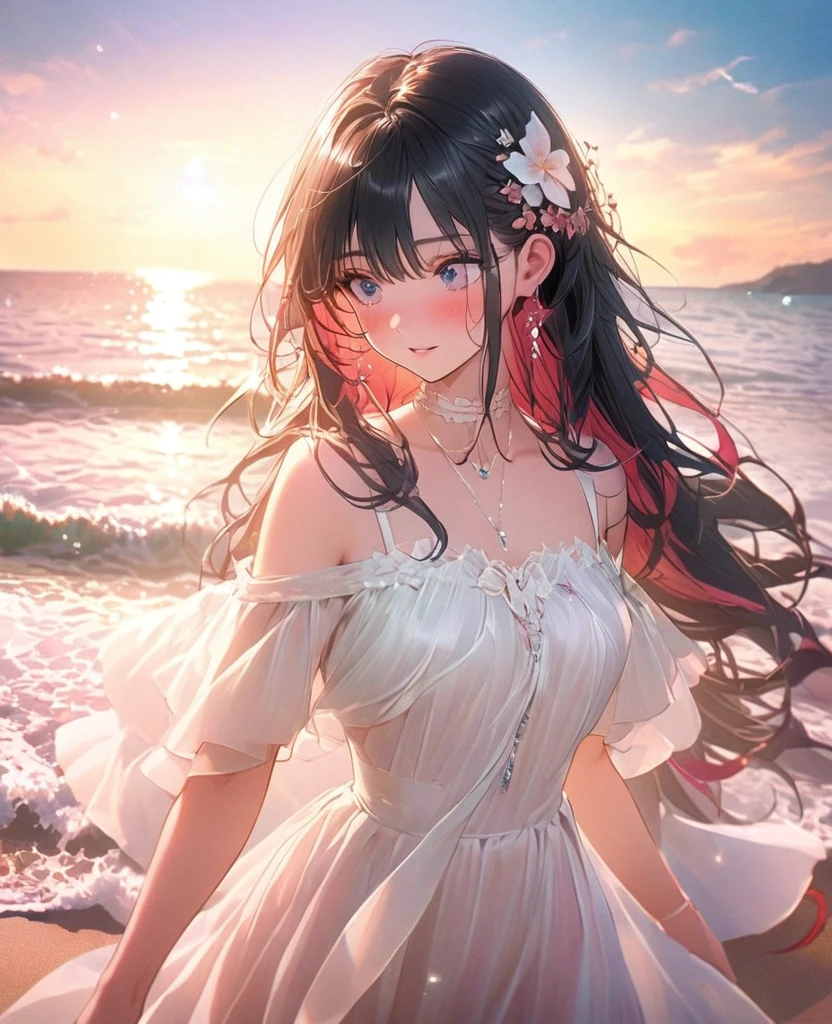 8k,Ephemeral beauty,Very delicate and beautiful,Beautiful and realistic skin,Black Hair、Long and colorful hair,Beautiful Eyes,good,Beautiful beaches、Dating with your boyfriend、Walking arm in arm with my boyfriend、shy、