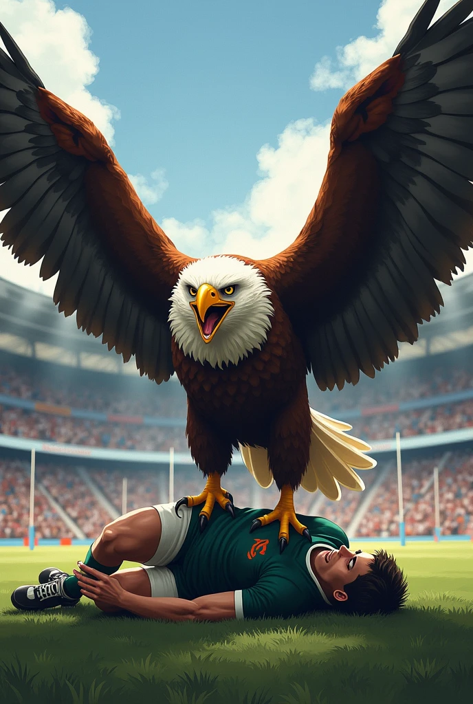 Angry sea eagle standing on a warrior player in a rugby stadium.