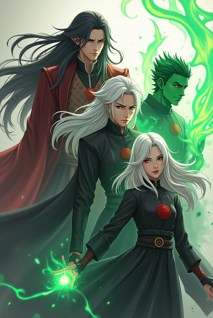 Create a group of people,there is a tall man with long samurai-style hair and dark clothes , a man with medium length hair of white color and white color, a green humanoid man with green fire, a woman with white hair and black clothes, everyone in their clothes has a red medallion, and everyone has powers , Realistic style 