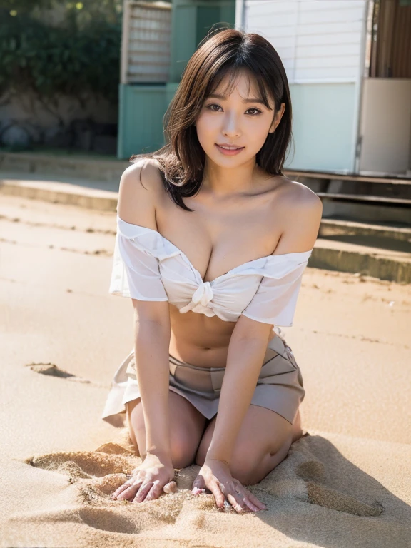 Browsing Caution, ((Highest quality)), ((8k)), ((masterpiece:1.3)), (Perfect look), (Photorealism:1.6), (Sandy Beach: 1.6), (Sandy Beachを歩く女性), (The sky dyed red by the sunset), (Sunset over the sea: 1.2), Japanese women, 47 years old, ((Realistic skin texture)), (Fine wrinkles appear all over the skin: 1.3), (Dullness: 1.1), (Unmoisturized skin: 1.2) , (Facial wrinkles: 0.9), (Wrinkles around the eyes: 1.2), double eyelid, Lower eyelid tear sulcus, (Crying Mole: 0.9), The eyes are looking here, Serious gaze, (Dimples: 1.2), Long Hair, (Boyish Belly Shorthair), (Hair above the ears), Laugh with the corners of your mouth turned up, Soft fabric off-shoulder blouse, Wide sleeves, Cuffs that fit your wrist, (The bottom of the blouse is tucked into the skirt: 1.2), flare skirt, barefoot, Hair blowing in the wind, Small breasts, (whole body: 1.4),