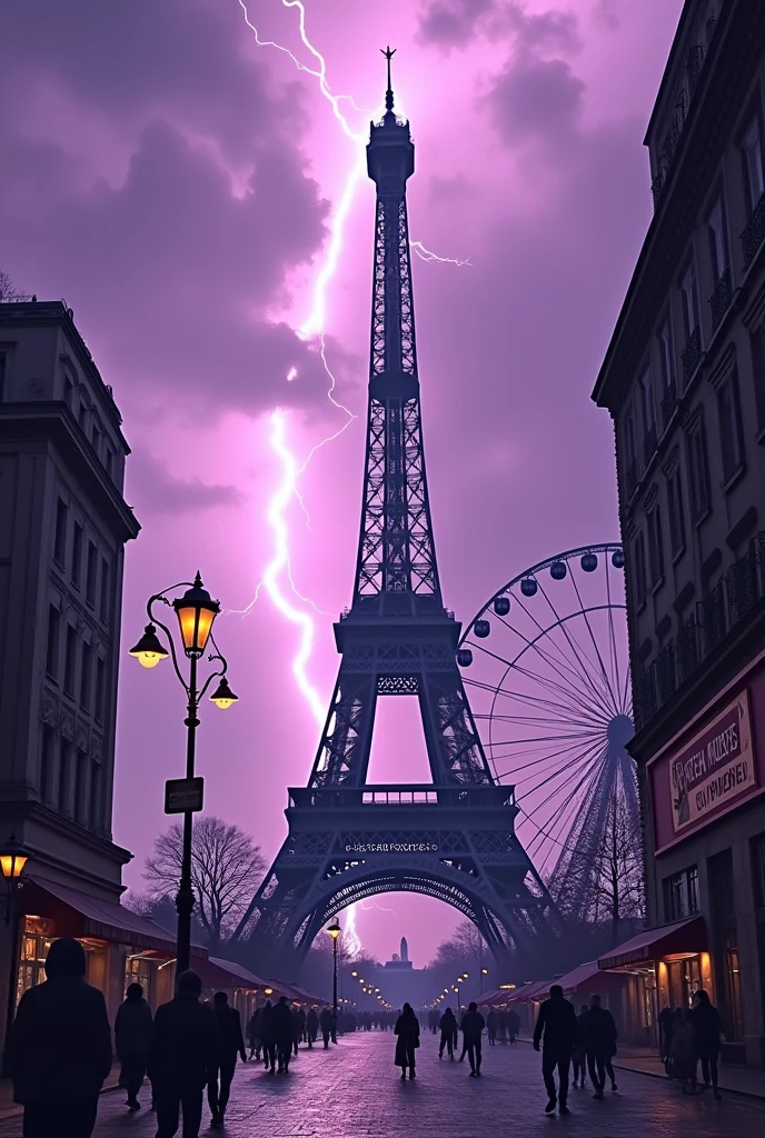 Effiel Tower in the center, An ad on the right side that says "Fashion Models" in big. a bolt of lightning in the sky and a Ferris wheel in the background. purple tones No buildings