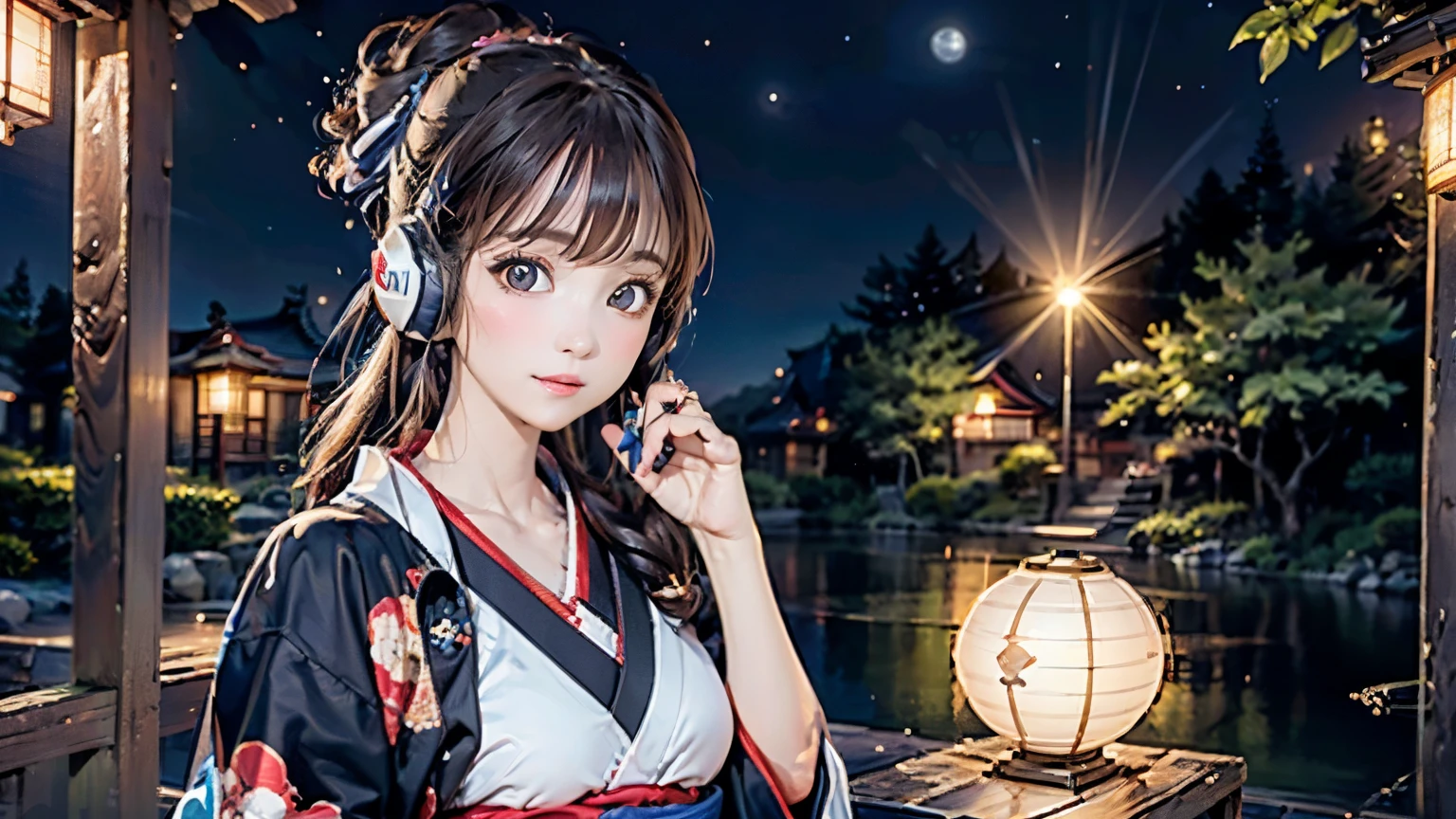 (Highest quality, 8k wallpaper, masterpiece, High resolution), (whole body), Beautiful girl in yukata, Brown-black bob, Traditional round topknot, Ample breasts, (Highly detailed face and eyes, Beautiful Face, Beautiful Eyes, Beautiful nose, Pretty lips), Japanese garden, Digital Art, Detailed Background, Full moon in the sky, moonlight, Detailed CG, ((headphones)),