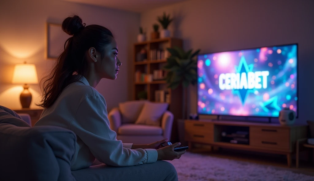 A woman is engrossed in playing a PS game in a cozy living room, wearing stylish casual clothing. On the TV screen, the word 'CERIABET' is displayed with captivating game graphics