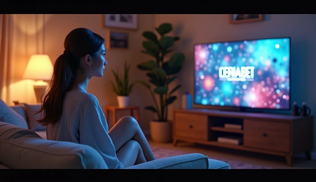 A woman is engrossed in playing a PS game in a cozy living room, wearing stylish casual clothing. On the TV screen, the word 'CERIABET' is displayed with captivating game graphics