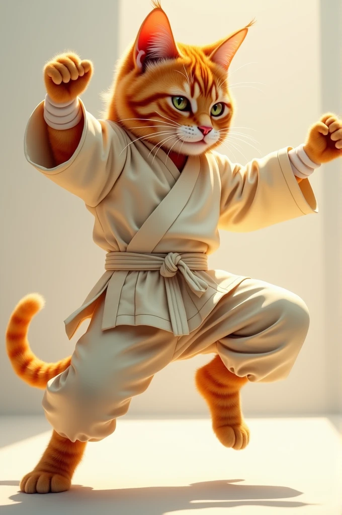 A orange cat. Wear a Cream shirt, cream trousers, white wristbands. Doing a martial arts pose.