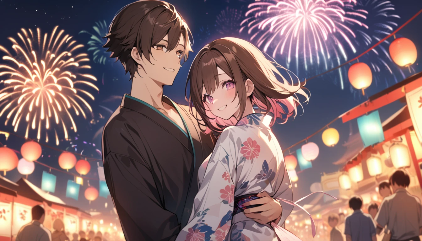 good looking, One person and one person,Medium Hair, Dark brown hair, Pink highlights on the tip, Pale pink eyes,Smile Facial,yukata,Fireworks in the night sky,festival,