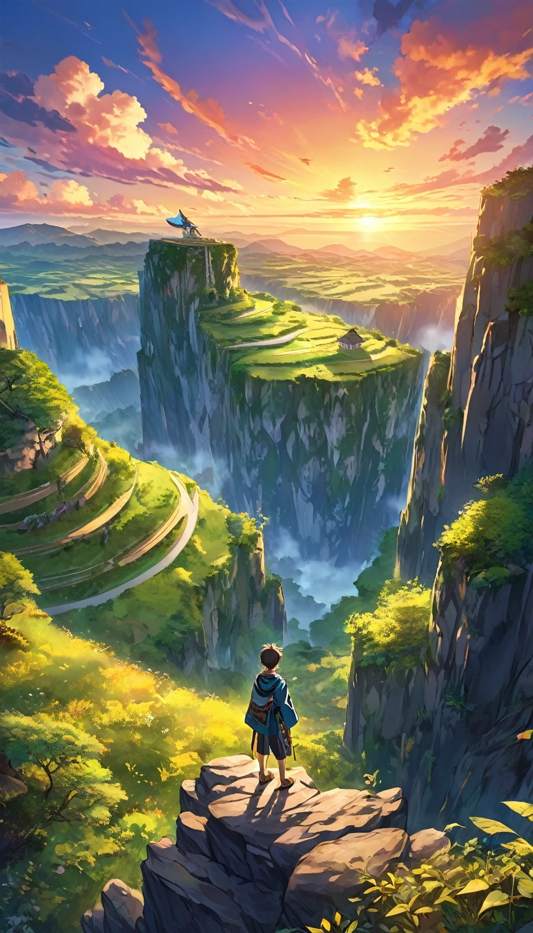 Against the backdrop of a breathtaking sunset, the Anime Boy stand atop a hill in the style of dreamlike cliff, anime art, 32k uhd, detailed world-building, national geographic photo, vibrant illustrations, painterly style --ar 3:4 --v 5.2