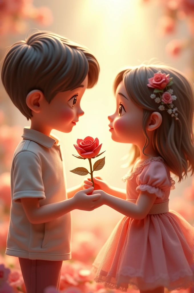 3d,a boy is giving a rose to a girl