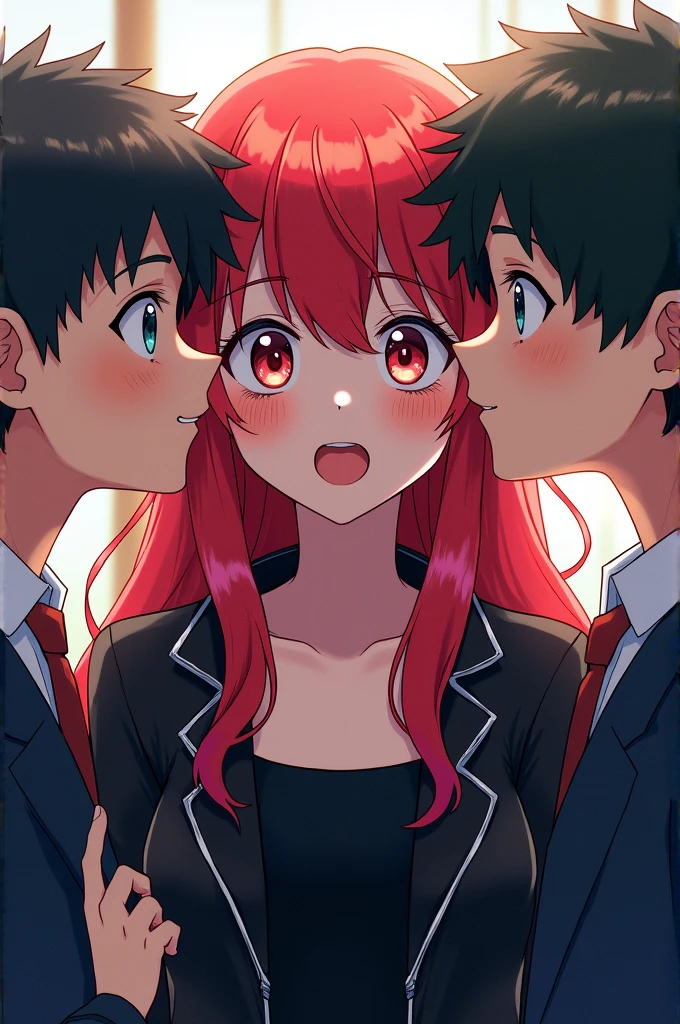 Boku no Hero Academia anime style character: A girl with long hair, wavy and loose red hair with white highlights, water colored eyes, wearing a black dress with a black leather jacket, expression of surprise and two boys and they have their lips on the cheek, one redhead and the other blonde.