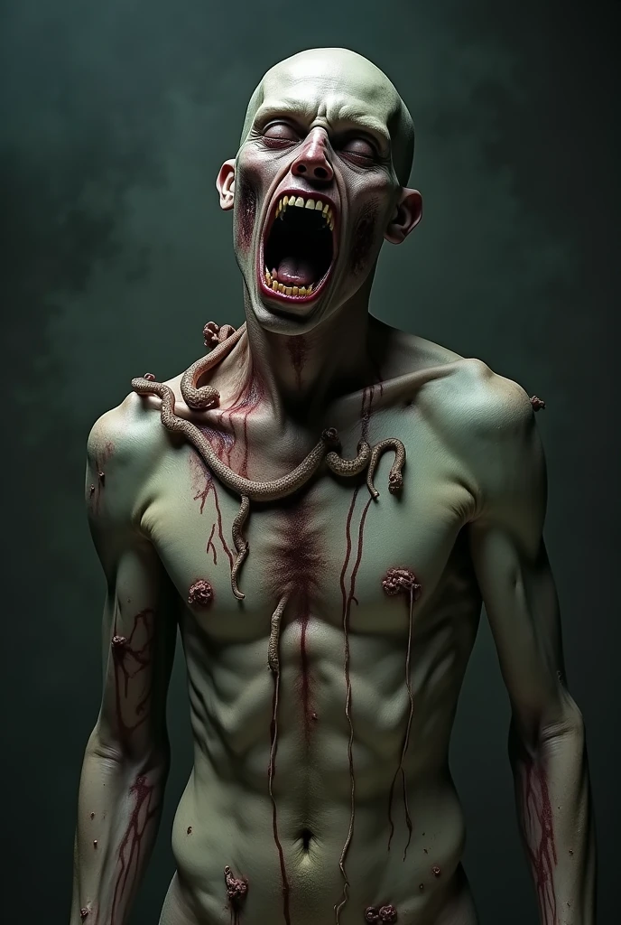 Horror nude man dethbody picture with warms on his body