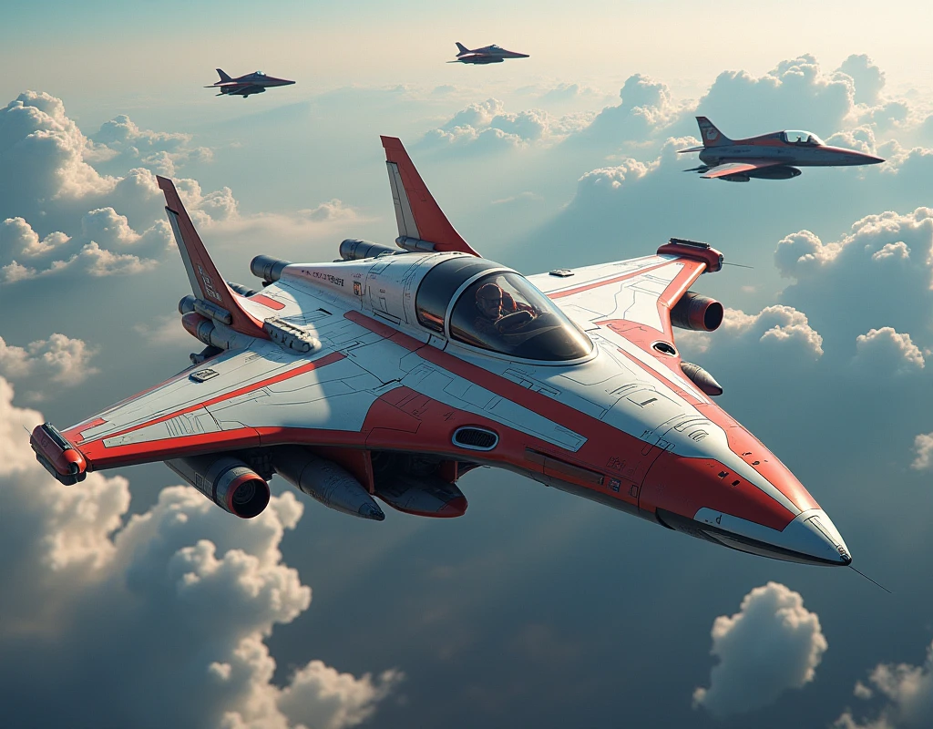 The image presents a high-angle view of a futuristic red and white jet soaring through the sky. The jet is detailed with a sleek design, including what appears to be a cockpit with a transparent canopy. The background features a celestial scene with a planet on the horizon, suggesting an extraterrestrial setting. In the distance, there are other spacecraft of various sizes and designs, indicating a spacefaring civilization. The color palette is rich with blues, grays, and reds, creating a sense of depth and vastness. There is no explicit context provided, but the elements suggest a science fiction narrative.