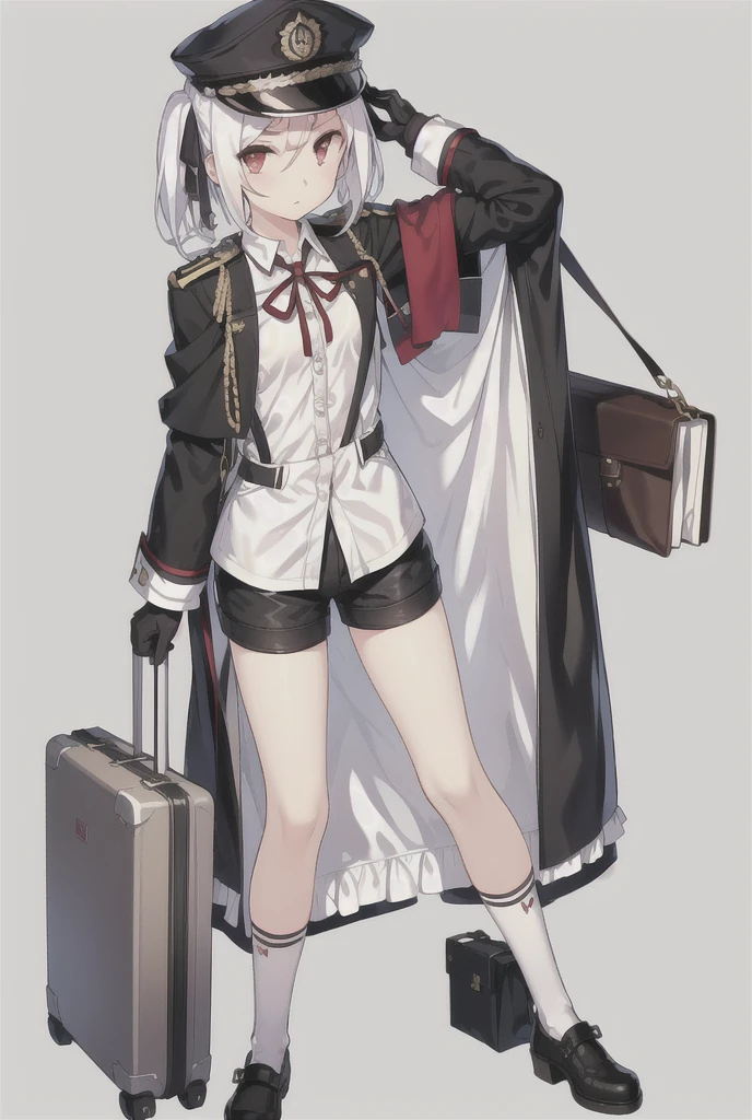 Vittorio_Veneto \(warship girls r\),((masterpiece)),(((best quality))),((ultra-detailed)),((illustration)),((disheveled hair)),((frills)),(1 girl),(solo),1girl,aiguillette,bag,bag charm,bangs,bike shorts,black bag,black footwear,black headwear,black jacket,black shorts,blush,briefcase,cape,charm \(object\),closed mouth,collared shirt,duffel bag,eyebrows visible through hair,full body,gloves,gradient,hair ornament,handbag,hat,holding,holding bag,iron cross,jacket,jacket on shoulders,keychain,short hair,long sleeves,looking at viewer,low ponytail,low twintails,luggage,messenger bag,military,military hat,military uniform,mole,mole under eye,parted lips,peaked cap,pouch,randoseru,red eyes,red ribbon,ribbon,satchel,school bag,shirt,shoes,shopping bag,short shorts,shorts,shoulder bag,sleeves past fingers,sleeves past wrists,socks,solo,standing,suitcase,twintails,uniform,white hair,white legwear,white shirt,wide sleeves,younger,