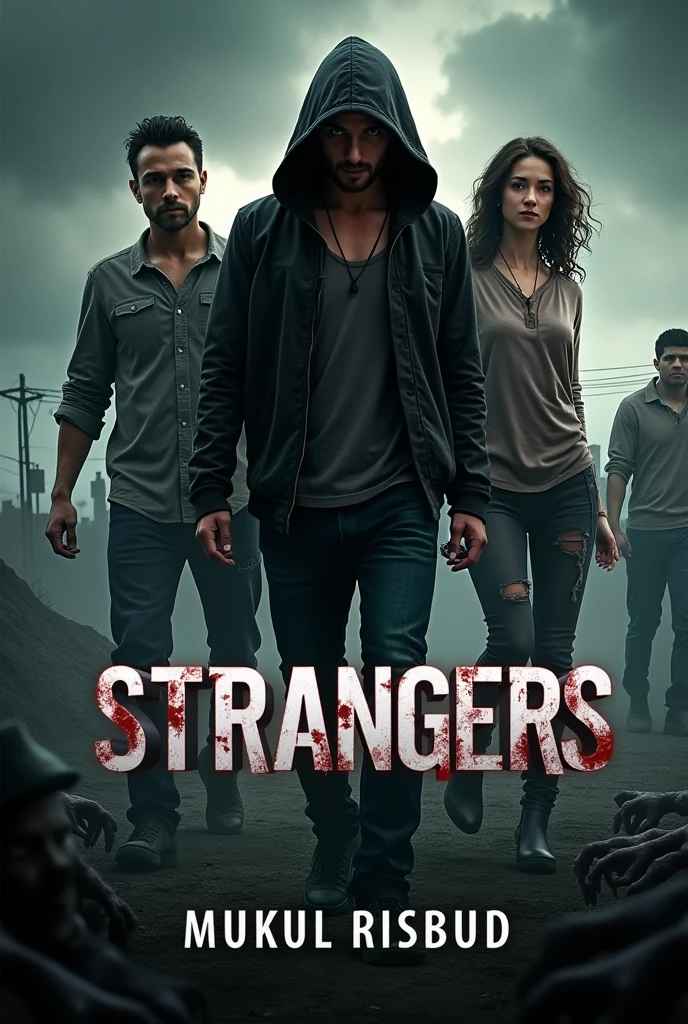 Novel Cover For Zombie Apocalypse Novel.The Main Character Is Loner Who Wears Black Hoodie.He Is Damn Handsome.Female Lead Is Simple Cute Girl.Novel Name Is Strangers.You Need To Show Some Zombies Also.And Writer's Name Mukul Risbud.Create Professional Novel Cover.More Dark Background.And Also Show The Main Female Lead.And 2 Male Characters And One Female Characters.And Also Make Zombies Closer