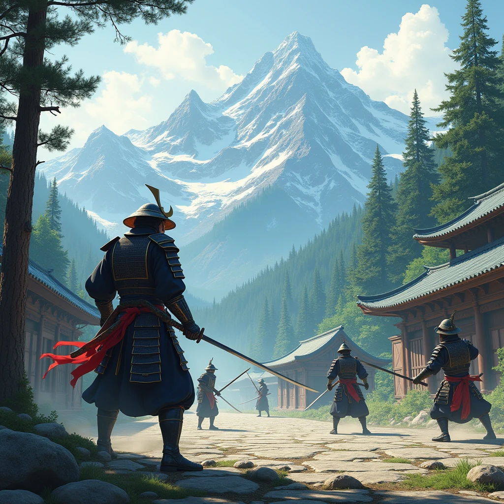 masterpiece, Very detailed, ultra realistic, detailed background, bright lighting, natural lighting,, (swordsman fighting bandits in a square surrounded by forests), (mountain refuge), (wide angle),