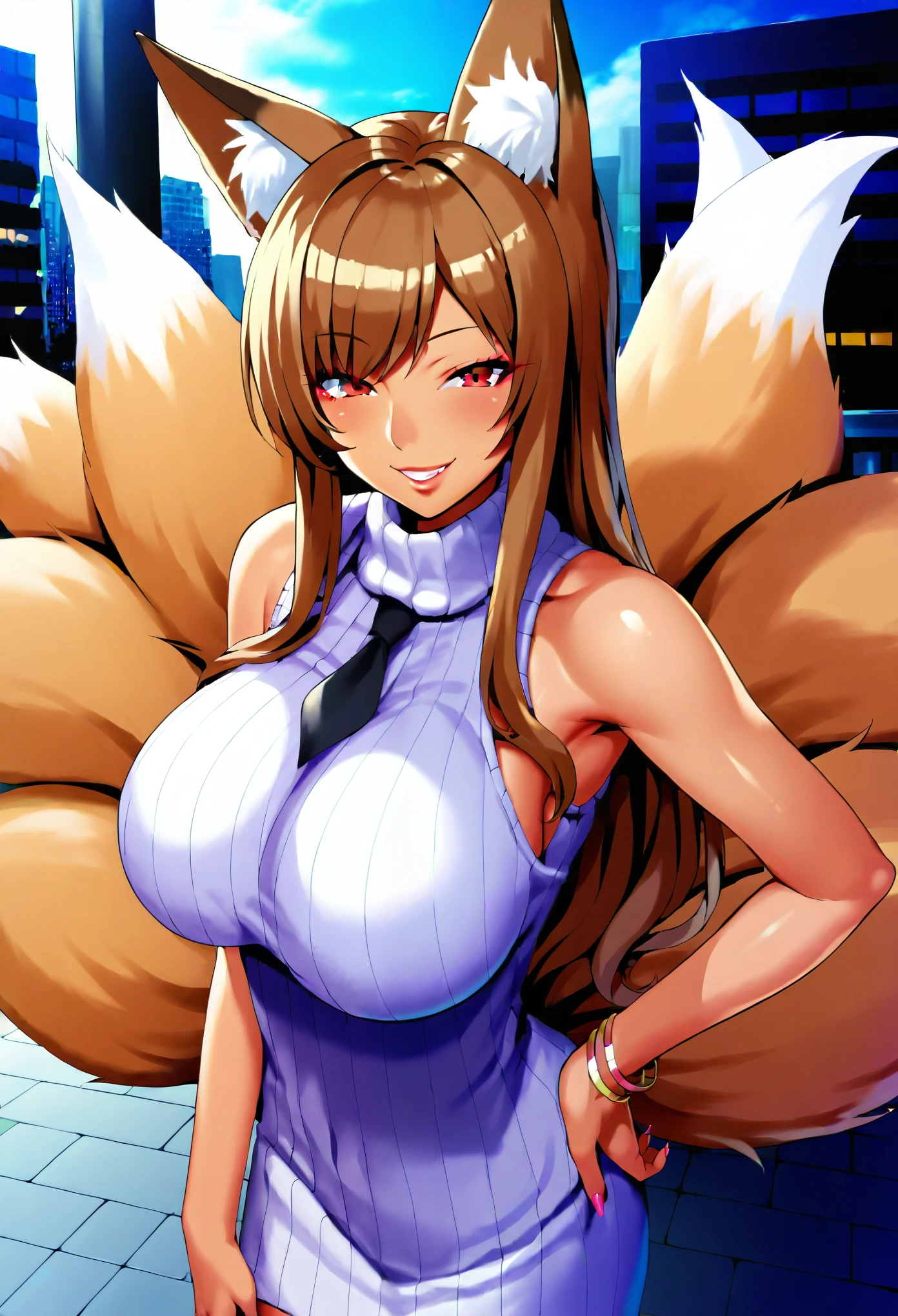 masterpiece, score_9_up, score_8_up, score_7_up, source_anime, best quality, extremely detailed, 1girl, gyaru, solo, juli, (huge breasts), ((((brown hair), long hair, red eyes, fox ears, brown fox tail, six tails))), parted lips, (((sweater dress, sleeveless))), ((naughty smile), closeds mouth), ((street, city))