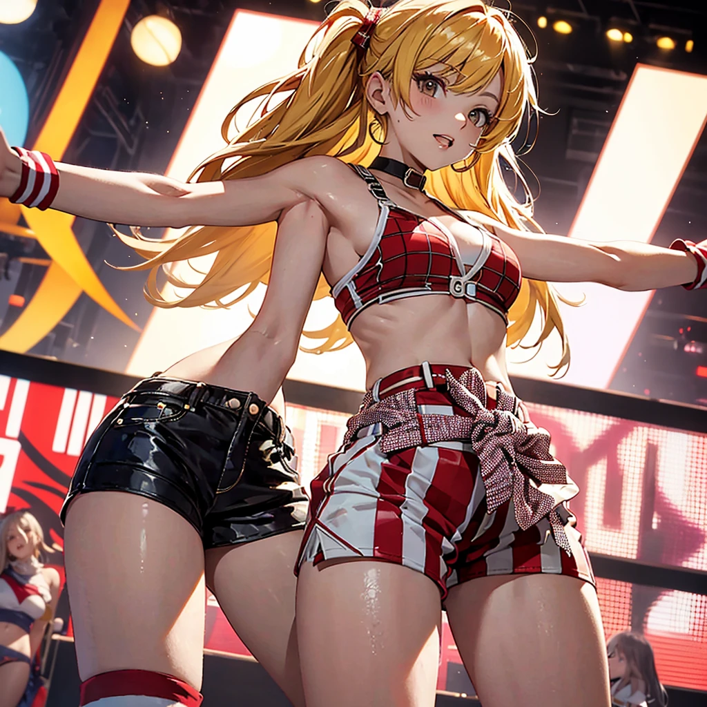 Party girl, red and white revealing checkered clothes, yellow hair, high socks, dancing, exposed belly button, hot pants, beautiful woman,looking at viewer,cowboy shot,from front