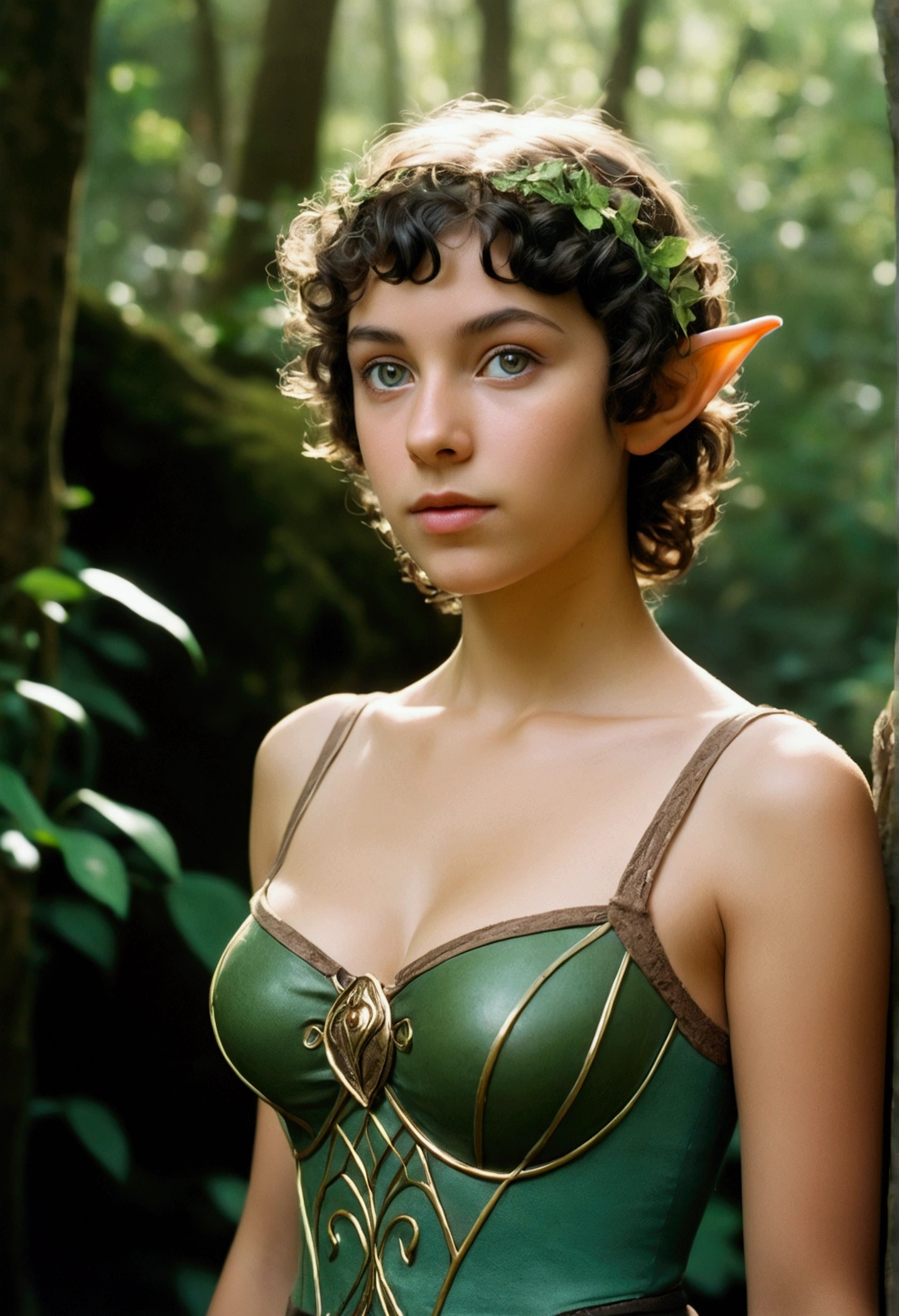 analog film photo, photo of a young elven girl, 18 years old, elf ears, jade eyes, curly brunette pixie cut, sun-tanned complexion, olive skintone, Amazonian stature, voluptuous hourglass figure, busty bosom, narrow waist, full hips, big plump buttocks, wearing elven undergarments, strolling through a sunny fantasy landscape, RAW Photograph, dslr, soft lighting, high quality, film grain, Fujifilm XT3, detailed skin with visible pores, insane details, masterpiece, 8k, 35mm photograph, dslr, kodachrome, faded film, desaturated, grainy, vintage, Lomography, stained, highly detailed, found footage, close-up shot, elven ears