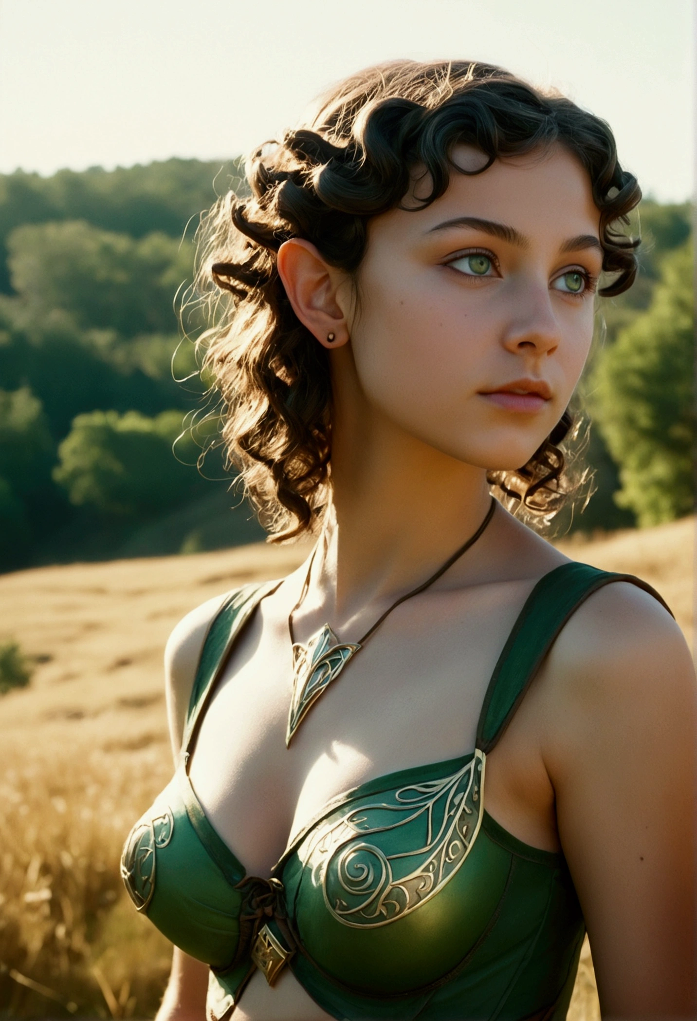 analog film photo, photo of a young elven girl, 18 years old, elf ears, jade eyes, curly brunette pixie cut, sun-tanned complexion, olive skintone, Amazonian stature, voluptuous hourglass figure, busty bosom, narrow waist, full hips, big plump buttocks, wearing elven undergarments, strolling through a sunny fantasy landscape, RAW Photograph, dslr, soft lighting, high quality, film grain, Fujifilm XT3, detailed skin with visible pores, insane details, masterpiece, 8k, 35mm photograph, dslr, kodachrome, faded film, desaturated, grainy, vintage, Lomography, stained, highly detailed, found footage, close-up shot, elven ears
