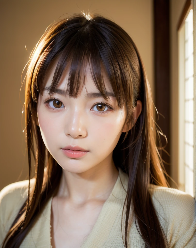 best quality, face focus, soft light, ultra high res, (photorealistic:1.4), RAW photo,
1japanese girl, solo, cute, (pupil, lights in the eyes),  detailed beautiful face, (small chest),(high resolution detail of human skin texture),
(long hair),
indoor,
Damask Shirt Dress,
(portrait)