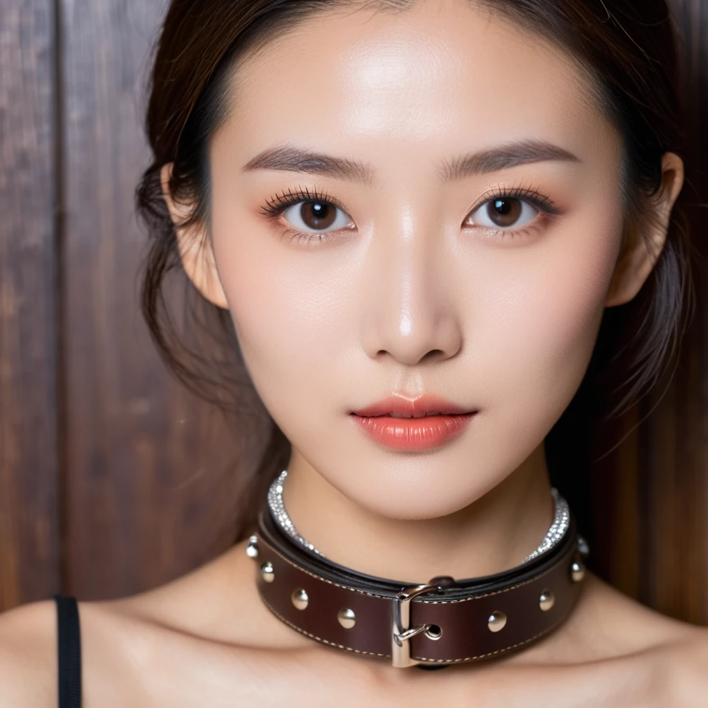 Misato Morita, photo of young Hong Kong girl, rim lighting, studio lighting, looking at the camera, dslr, ultra quality, sharp focus, tack sharp, dof, film grain, Fujifilm XT3, crystal clear, 8K UHD, highly detailed glossy eyes, high detailed skin, skin pore, dim indoor, wooden walls, wear metal collar, leather cuff, bdsm wear, full body