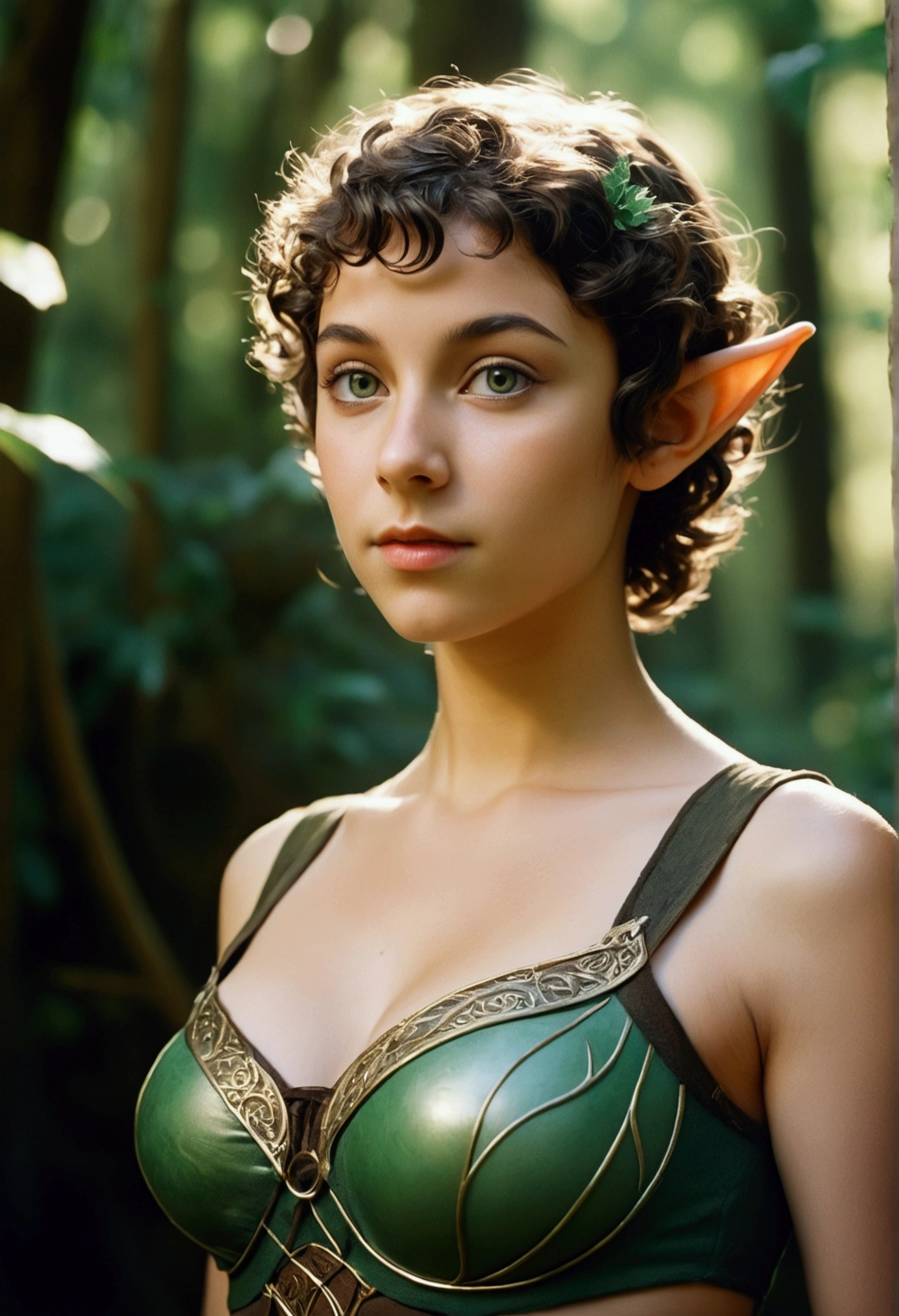 analog film photo, photo of a young elven girl, 18 years old, elf ears, jade eyes, curly brunette pixie cut, sun-tanned complexion, olive skintone, Amazonian stature, voluptuous hourglass figure, busty bosom, narrow waist, full hips, big plump buttocks, wearing elven undergarments, strolling through a sunny fantasy landscape, RAW Photograph, dslr, soft lighting, high quality, film grain, Fujifilm XT3, detailed skin with visible pores, insane details, masterpiece, 8k, 35mm photograph, dslr, kodachrome, faded film, desaturated, grainy, vintage, Lomography, stained, highly detailed, found footage, close-up shot, elven ears
