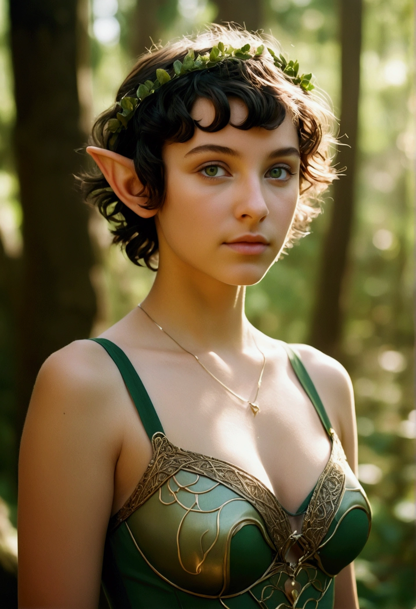 analog film photo, photo of a young elven girl, 18 years old, elf ears, jade eyes, curly brunette pixie cut, sun-tanned complexion, olive skintone, Amazonian stature, voluptuous hourglass figure, busty bosom, narrow waist, full hips, big plump buttocks, wearing elven undergarments, strolling through a sunny fantasy landscape, RAW Photograph, dslr, soft lighting, high quality, film grain, Fujifilm XT3, detailed skin with visible pores, insane details, masterpiece, 8k, 35mm photograph, dslr, kodachrome, faded film, desaturated, grainy, vintage, Lomography, stained, highly detailed, found footage, close-up shot, elven ears