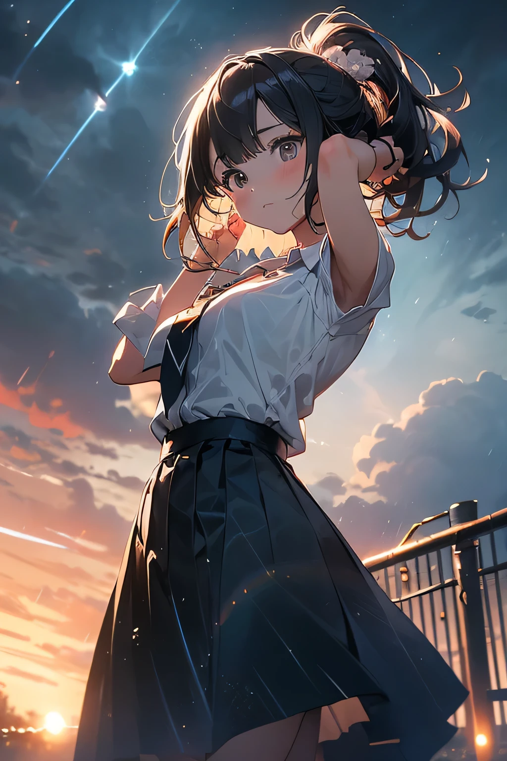Highest quality、High resolution、Detailed Background、(Beautiful face in every detail:1.4)、age beauty、Anatomically correct、(Normal number of fingers:1.2)、Detailed eyes、Highly detailed face、Perfect body line、Light color hair、Bobcut、ponytail、cute hairstyle、well-groomed eyebrows、Cute gestures、Natural beauty、typhoon、heavy rain、Very strong winds、
(Typhoon day、storm.:1.5)、
Black clouds cover the darkening sky、A strong wind is blowing、wood々The branches are shaking violently、
A girl desperately trying to move forward、Wearing a light jacket and holding her hair down, she is walking with all her might.、She occasionally looks back with a worried expression.、
The girl's legs are about to get tangled up as the strong wind blows them.、The road is littered with fallen signs and leaves, creating a dangerous situation.、
The girl seems to be desperately walking through it, searching for something.、A girl desperately tries to move forward in the dark and raging nature.、The girl's efforts and the raging typhoon、cute