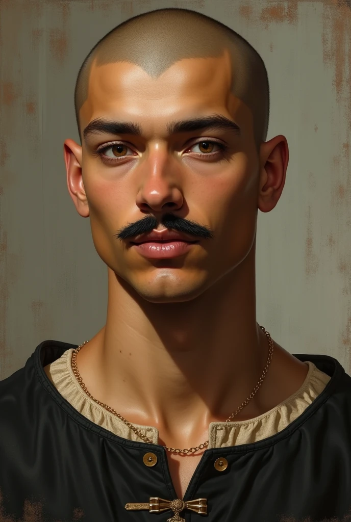 A 25-year-old man with light brown skin, only a black mustache, full lips, and a shaved black head in the 15th century.