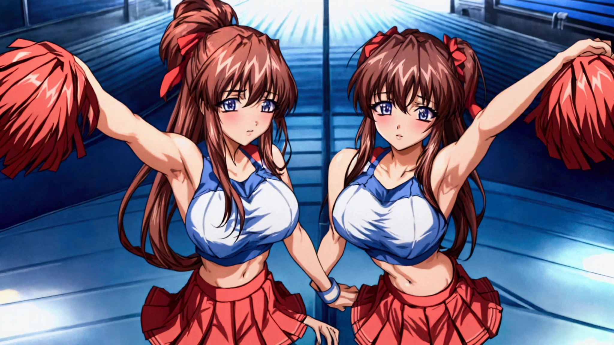 (Anime artwork, Anime Style, Studio Anime, Very detailed, Latest, Vibrant, Anime Coloring Book, High Contrast, masterpiece:1.2, Highest quality, Best aesthetics), (Beautiful and detailed:1.2), Aoi Tennis, 1 personで, 1 person, (cheerleader:1.3), (pleated skirt:1.3),(stripe crop top:1.2), sleeveless shirt, large breasts,miniskirt, thighs,short hair,two side up, hair ornament, It's not a tennis uniform., It's not a leotard., Not a swimsuit, blush, Lips parted,cute笑顔 口を開けて ベッドの上に横たわっている, From above, Looking at the audience, Asymmetrical bangs, Perfect Proportions, Skin with attention to detail, cute, Detailed face,