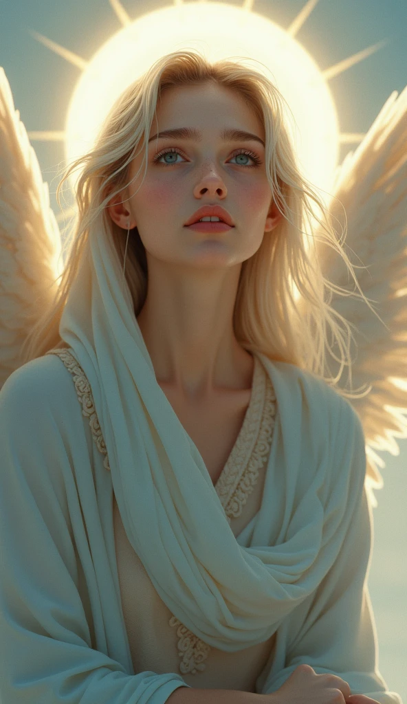 Very beautiful angel, looking at the camera, Watery eyes, Expression in love, A reddish beige tunic, Light blue cloak and veil, Halo
