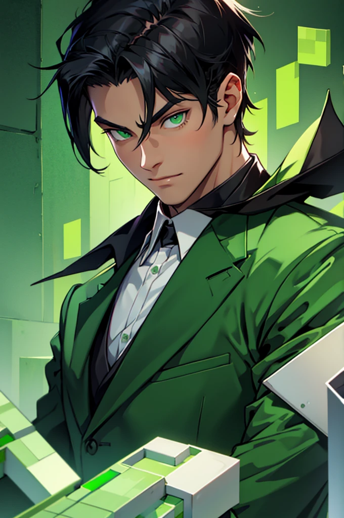 a boy with green eyes and black hair wearing a green suit, Minecraft version