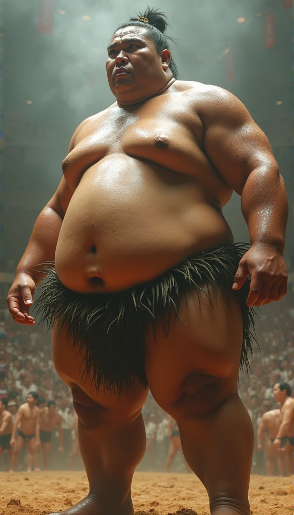 (sweat steam:1.4),Huge body,Height 2m50cm Weight 250kg,Realistic busty 25yo Hawaiian woman,(sexy sumo wrestling:1.2),ultimate form,8k,at sumo ring,fundoshi,bra,in Ryogoku Kokugikan