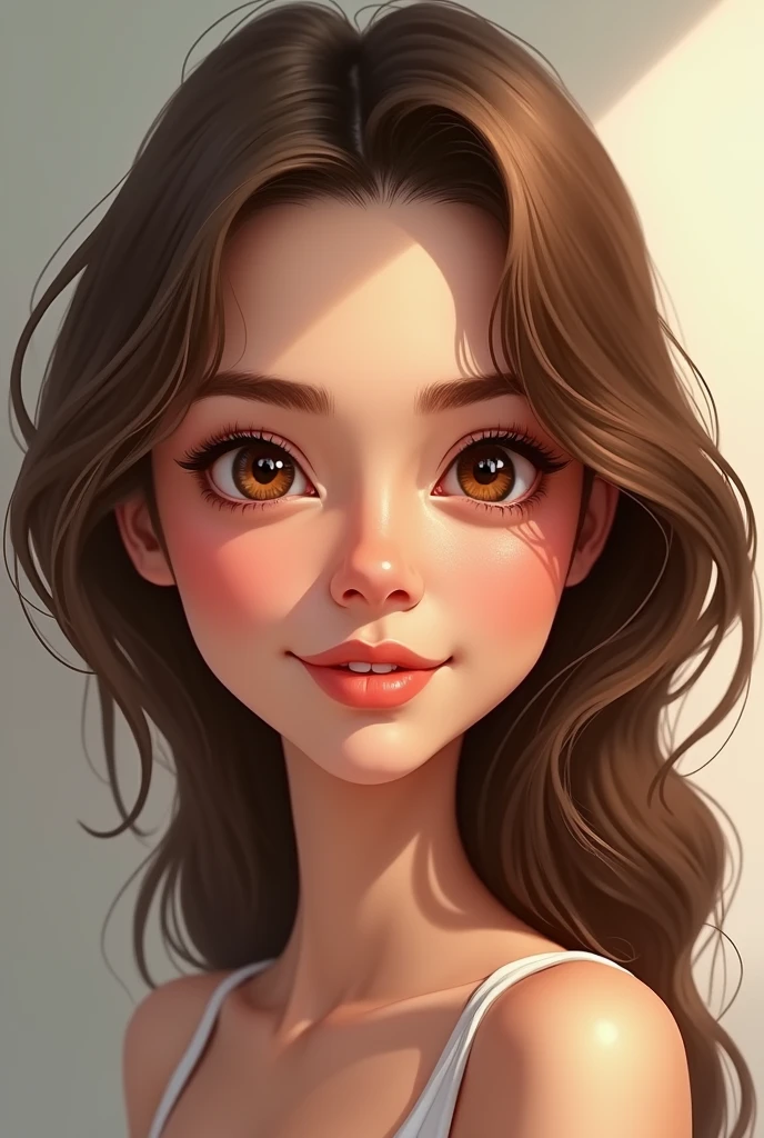 Create a realistic caricature of a 22-year-old girl with white skin tone, brown hair and honey-colored eyes. 