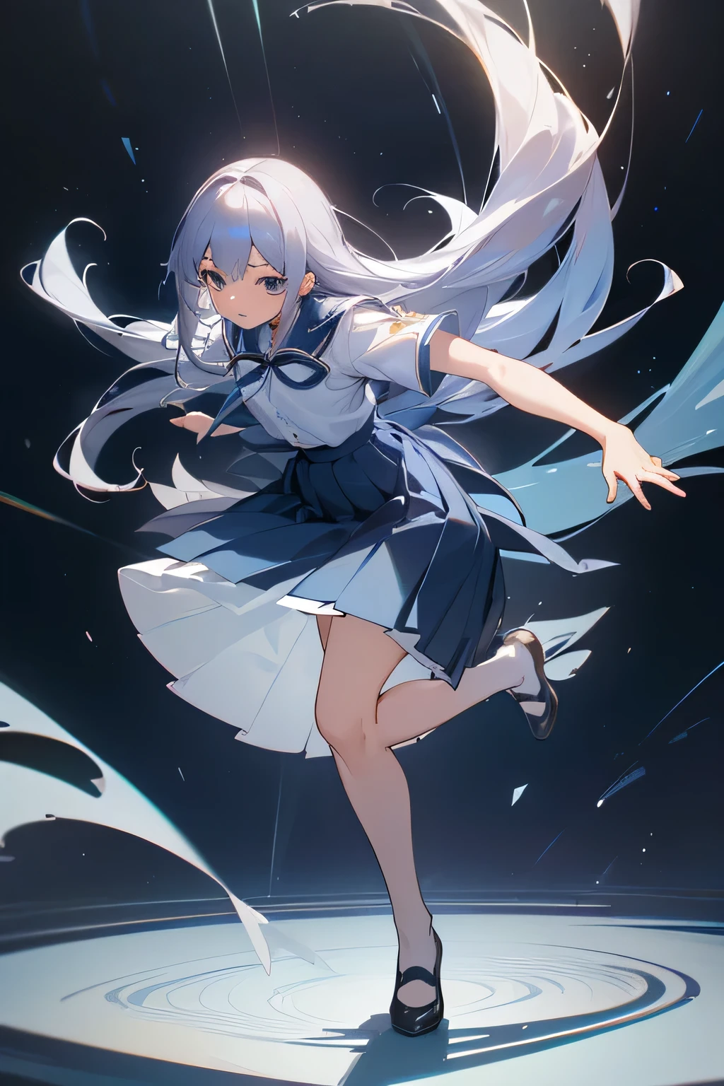 (Highly detailed CG:1.2), (masterpiece:1.2), (Highest quality:1.2),,((Absurd)),View your viewers,whole body, ,(One person),alone,(Long Hair),(Masayom uniform),(White shirt short sleeve),(navy_Blue pleated skirt),(Long skirt),Dynamic Angle,Are standing,Dynamic pose,((Delicate facial features)),,