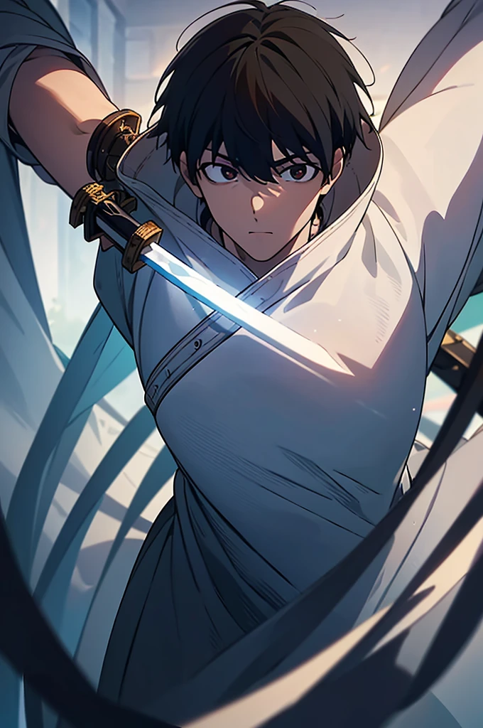 Young man with a young face、male、Short hair brushed up, k minus 1, (masterpiece:1.2, Highest quality),(Colored Background) (Beautiful attention to detail: 1.2), (Highly detailed CG Unity 8K wallpapers, masterpiece, Highest quality, Very detailed, Best Shadow), (Detailed Background) ,arms(Holding a glowing sword),alone ,Black Hair,Eyes with no red light,One person,