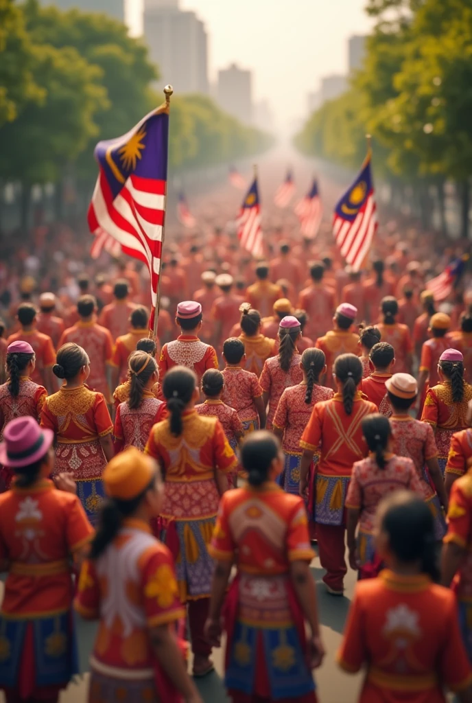 a crowded malaysia independence day parade,tilt shift photography,morning,malaysia flag everywhere,detailed people,dynamic crowd,colorful costumes,vibrant atmosphere,(best quality,4k,8k,highres,masterpiece:1.2),ultra-detailed,(realistic,photorealistic,photo-realistic:1.37),intricate details,sharp focus,vivid colors,natural lighting,cinematic composition