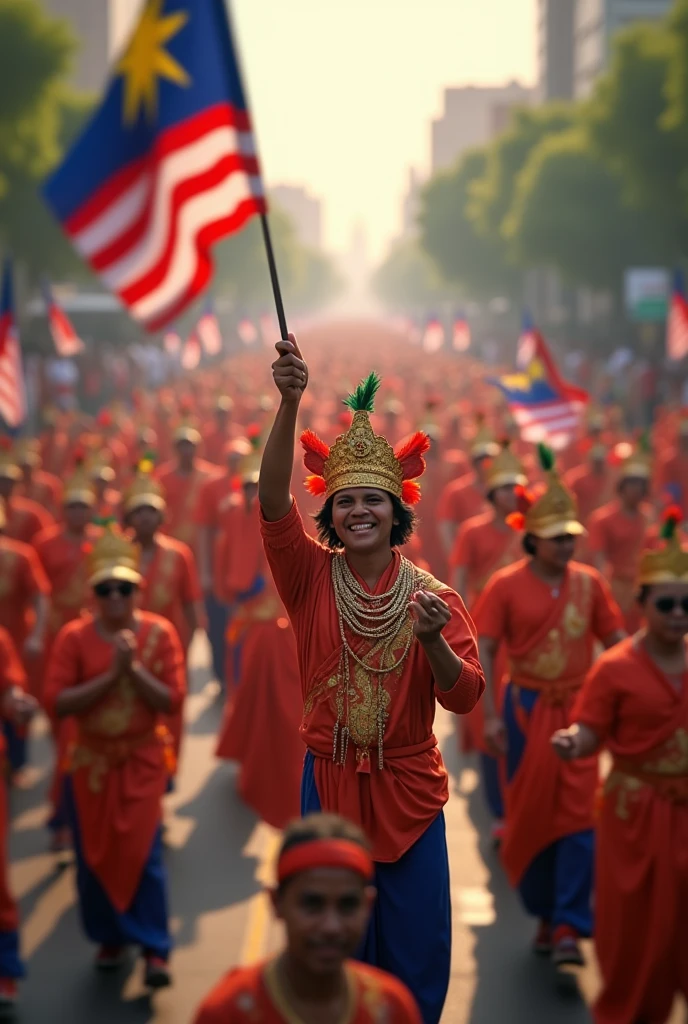 a crowded malaysia independence day parade,tilt shift photography,morning,malaysia flag everywhere,detailed people,dynamic crowd,colorful costumes,vibrant atmosphere,(best quality,4k,8k,highres,masterpiece:1.2),ultra-detailed,(realistic,photorealistic,photo-realistic:1.37),intricate details,sharp focus,vivid colors,natural lighting,cinematic composition
