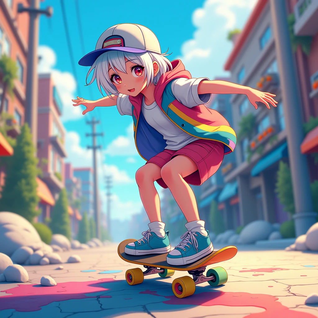 masterpiece, Best Quality, (Highly detailed CG Unity 8k wallpaper) (Best Quality), (best illustration), best shadow, (a girl playing skateboard: 1.3), , Beautiful, short white hair, cap, fresh sweet, bright eye details, (color flight suit), fashion shorts, (color skateboard: 1.1), rosa, yellow, blue, Street, rock, (of the highest quality, surprising details: 1.25), (Alone), Bright and colorful paints