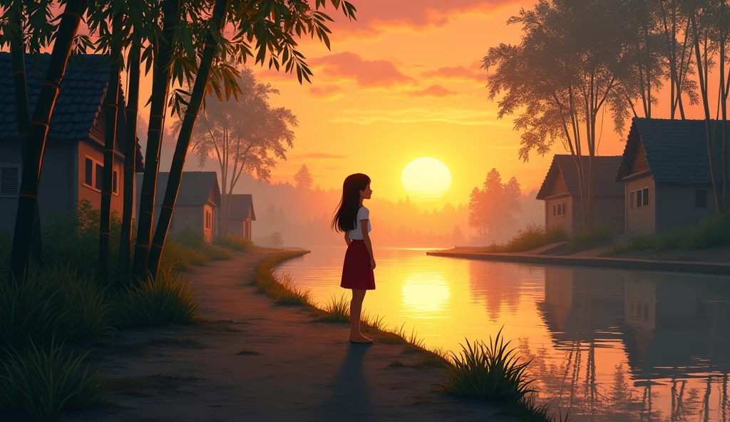 It was evening time, the sun was slowly setting in the sky. A slight coolness was spreading in the narrow streets of the village situated on the river bank. The villagers were returning to their homes, but a girl, Meera, was standing alone near the bamboo trees on the river bank.