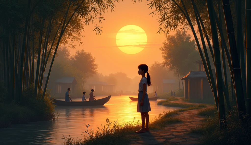 It was evening time, the sun was slowly setting in the sky. A slight coolness was spreading in the narrow streets of the village situated on the river bank. The villagers were returning to their homes, but a girl, Meera, was standing alone near the bamboo trees on the river bank.