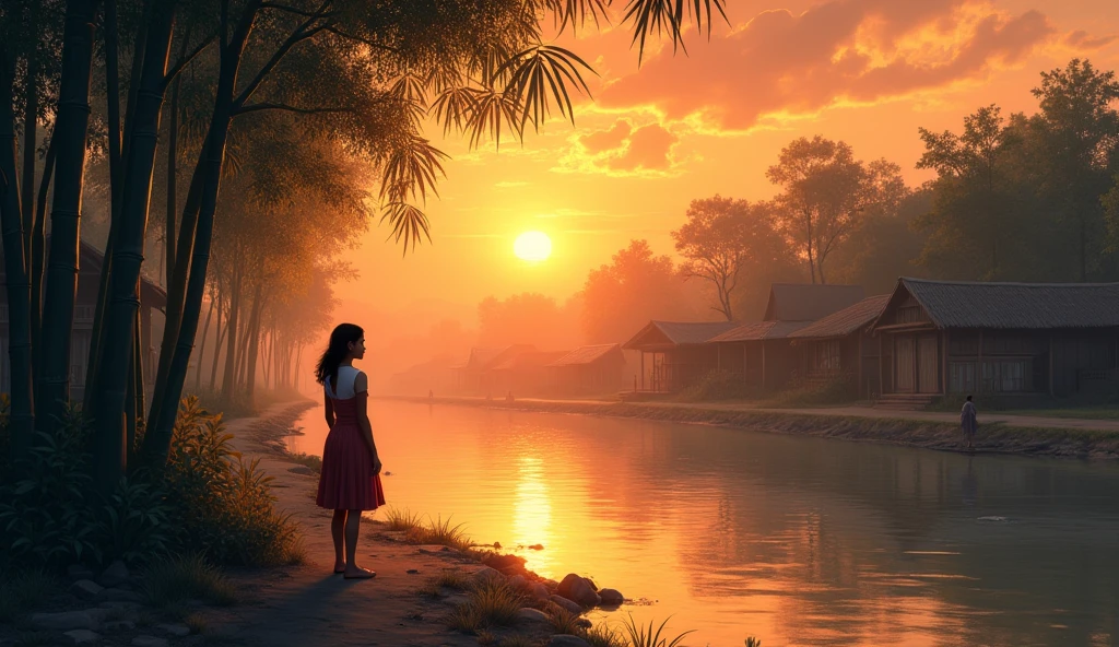 It was evening time, the sun was slowly setting in the sky. A slight coolness was spreading in the narrow streets of the village situated on the river bank. The villagers were returning to their homes, but a girl, Meera, was standing alone near the bamboo trees on the river bank.