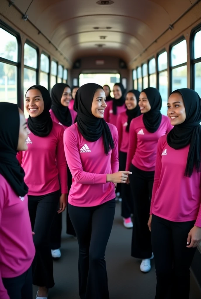 (Photography)(dynamic) Show a team of netball players of 11 Malay females, inside bus. All are wearing matching black hijab, pink jersey and black bootcut pants.